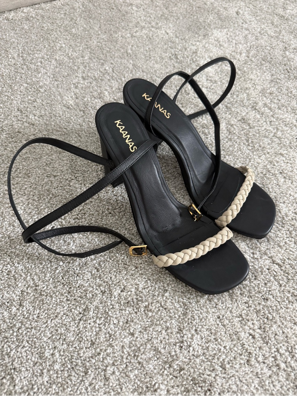 Kaanas Black Sling Heels with Braided Cream Toe Strap